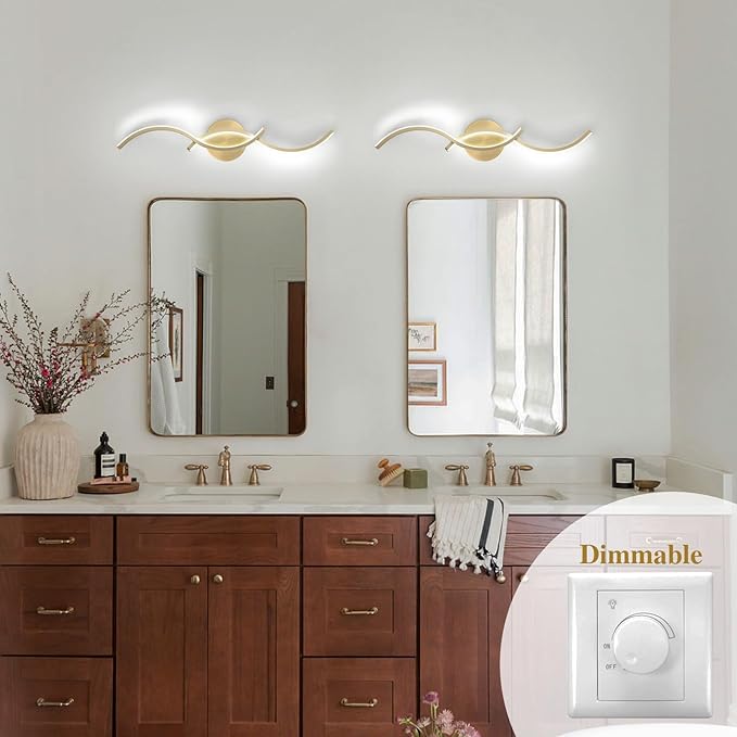 EDISLIVE Modern Wave LED Vanity Light Dimmable Modern Led Vanity Light Fixtures Linear Wall Sconce with Acrylic Strip Shade,24 in LED Vanity Lights for Bathroom Bedroom Makeup Living Room,Gold