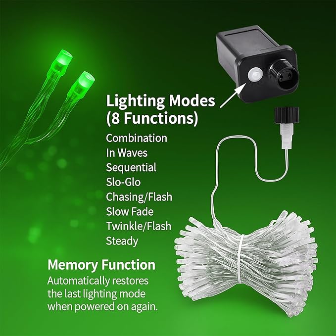 Etinga 200 LED Green String 66ft, Plug in Fairy with 8 Modes, Indoor Outdoor Decoration for St. Patrick's Day, Christmas, Garden, Bedroom, Patio (Green, 200 LEDs, 66ft)