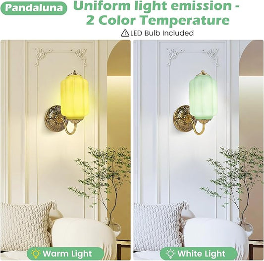 Vintage Wall Sconce, Green Milk Glass Light Fixture, 5.5In Art Deco Antique Wall Sconce for Bedroom Bathroom Living Room Hallway Entryway, E12 LED Bulb Included, Antique Gold & Green 1 Pack