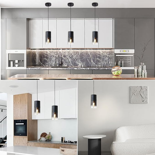 Black Pendant Light Fixtures, Adjustable Modern Pendant Lights for Kitchen Island, Industrial Glass Pendant Lights for Dining Table Hallway Bedroom Living Room,1 Pack