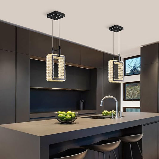 Kitchen Island Mini Light Fixture Modern Led Crystal Pendant Light Black Rectangle Chandelier for Dining Room Living Room Kitchen Bedroom Bar(1-Pack)
