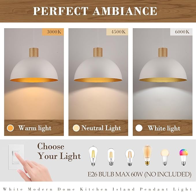 2 Pack Large White Pendant Light, 16 Inch Wood Dome Pendant Lights Fixtures Adjustable Modern Ceiling Hanging Lighting, for Kitchen Island Dining Room Farmhouse Restaurant