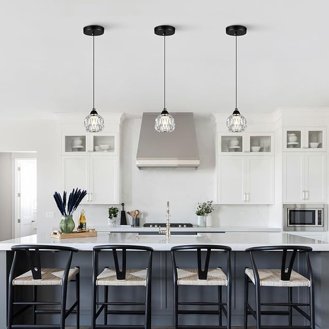 Weesalife Crystal Chandeliers for Dining Room Lights Fixture Over Table, 3 Pack Black Modern Pendant Light Fixture,Crystal Pendant Lighting for Kitchen Island Bathroom Bar