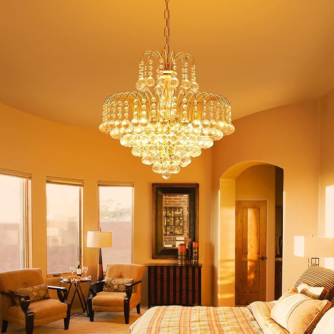 WUZUPS Crystal Chandelier Pendant Flushmount Ceiling Light Modern Lighting Fixture for Bedroom Hallway Bar Kitchen Bathroom, H 17.3" x W 18.9", Gold, E12 Base