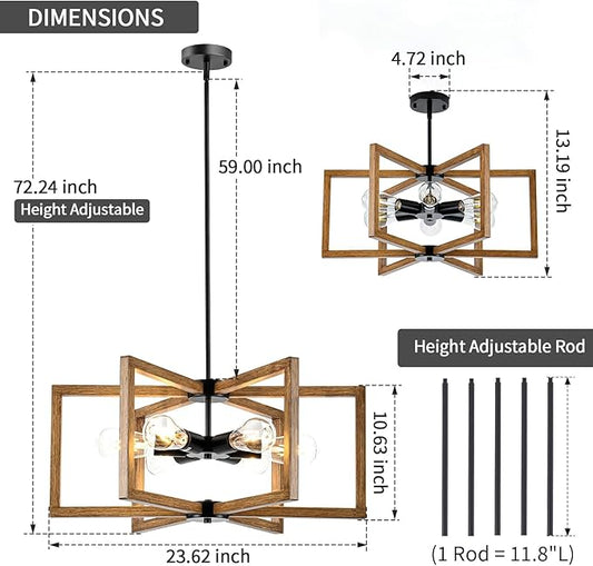 6 Light Farmhouse Chandelier, 23.62" Modern Chandelier for Entryway with Wooden Finish Industrial Rustic Hanging Pendant Light for Bedroom,Kitchen,Foyer,Living,Dining Room Lighting Fixtures