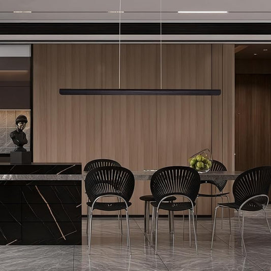 YISDESIGN 55inch Wood LED Linear Pendant Light, Dimmable Wood Ceiling Lamp,Minimalist Linear Chandelier, 40W Warm Light 3000K, Modern Kitchen Island Dining Room Lighting Black Adjustable Height