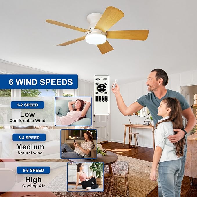 35-Inch Ceiling Fans with Lights: Wood Low Profile Ceiling Fan with Light and Remote Control - Reversible Flush Mount Fans - 3CCT Dimmable Small Ceiling Fan for Bedroom Indoor/Outdoor Use