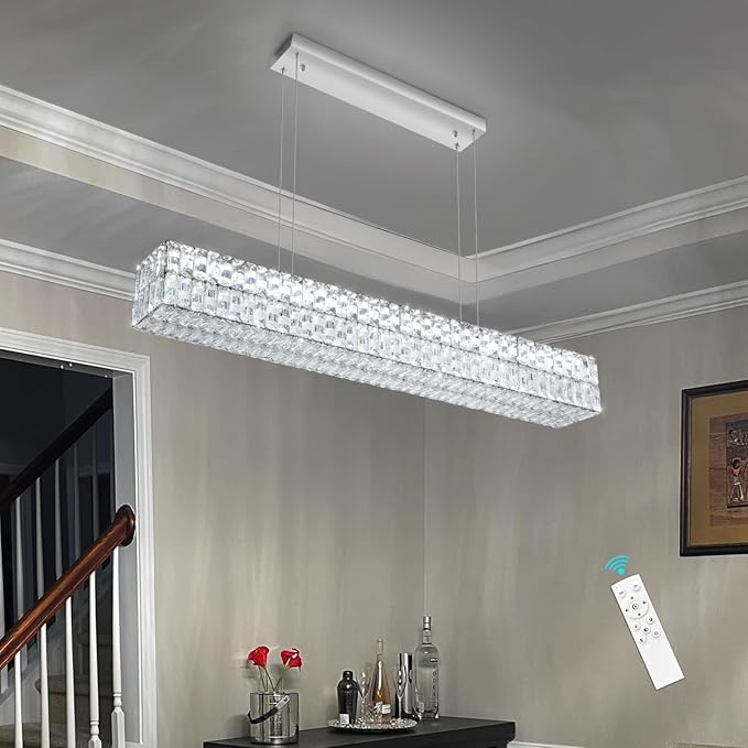 47 Inch Rectangular Crystal Chandelier Glam Dimmable LED Chandeliers for Dining Room Linear Pendant Light with Remote Control for Kitchen Island Silver