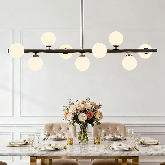 Mid Century Modern Globe Sputnik Chandelier, 9-Light Linear Chandeliers for Dining Room and Kitchen Island, Dining Light Fixture Over Table, Black and Milk White Glass Bubble, 40 Inch
