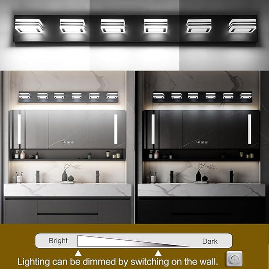 SOLFART Modern LED Dimmable Bathroom Light Fixtures Over Mirror Led Vanity Lights Modern Black LED 6 Light Vanity Light