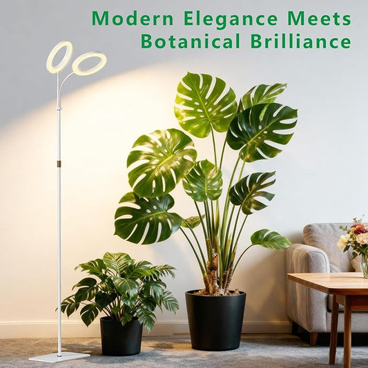 Dual Head Grow Light for Indoor Plants,Full Spectrum Halo Plant Lights with Stand, Floor Standing Growing Lamp with Adjustable Height,Auto Timer,Dimmable Brightness for Tall Large Plant(White