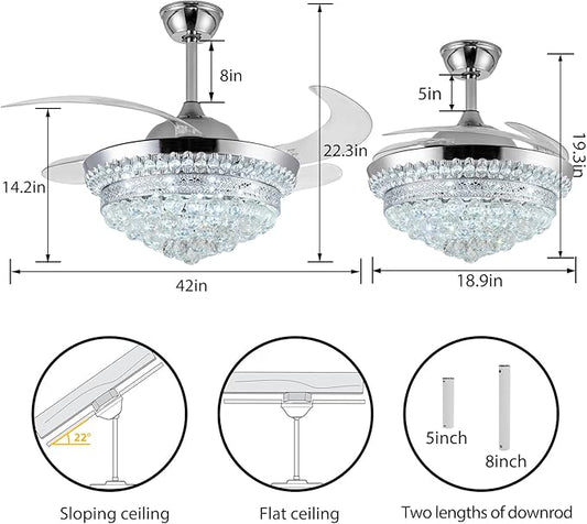 42" Invisible Ceiling Fan Chandelier with Light,Modern Crystal Ceiling Fan Light Remote Control 4 Retractable ABS Blades for Bedroom Living Dining Room Decoration (Silver)