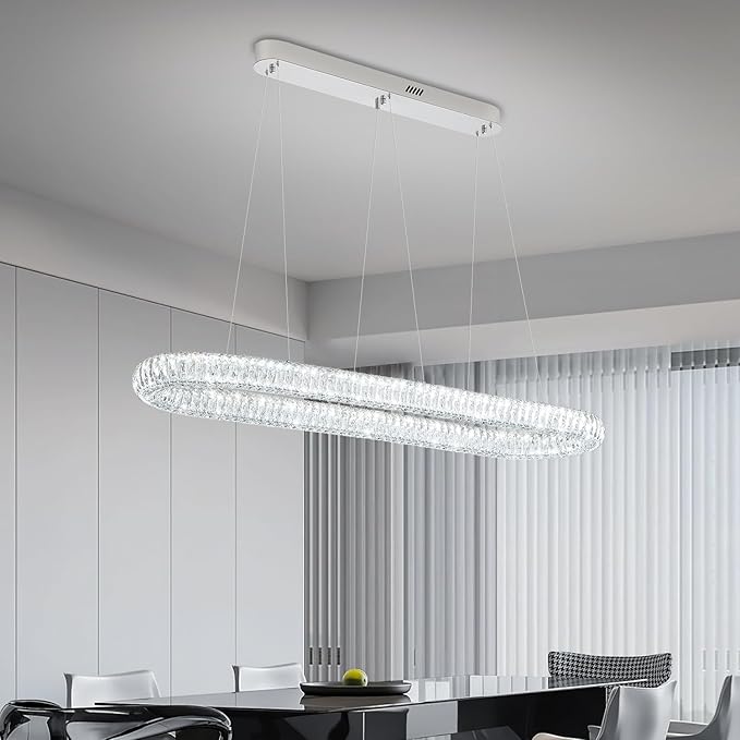 Crystal Ring Chandelier for Living Room, Modern Linear Oval Chandeliers for Dining Room 47.2'' Chrome Ring Pendant Light for Kitchen Island Dimmable 3000K-6000K
