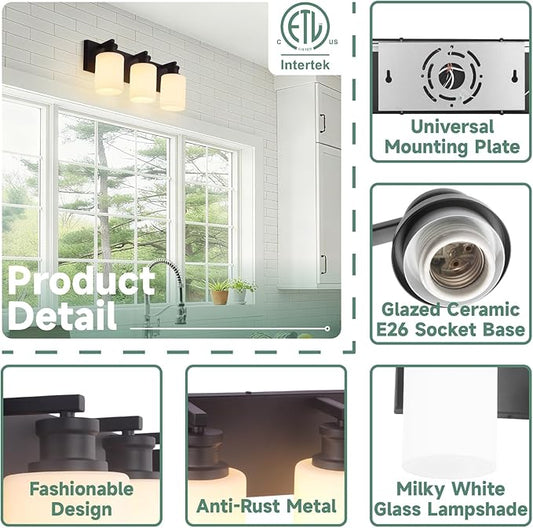 Bathroom Vanity Light, Modern 3 Light Bathroom Light Fixture Over Mirror with White Glass Shade, Black Vanity Lights for Bathroom, E26 Base, 16.5 inch (Bulbs Not Included)
