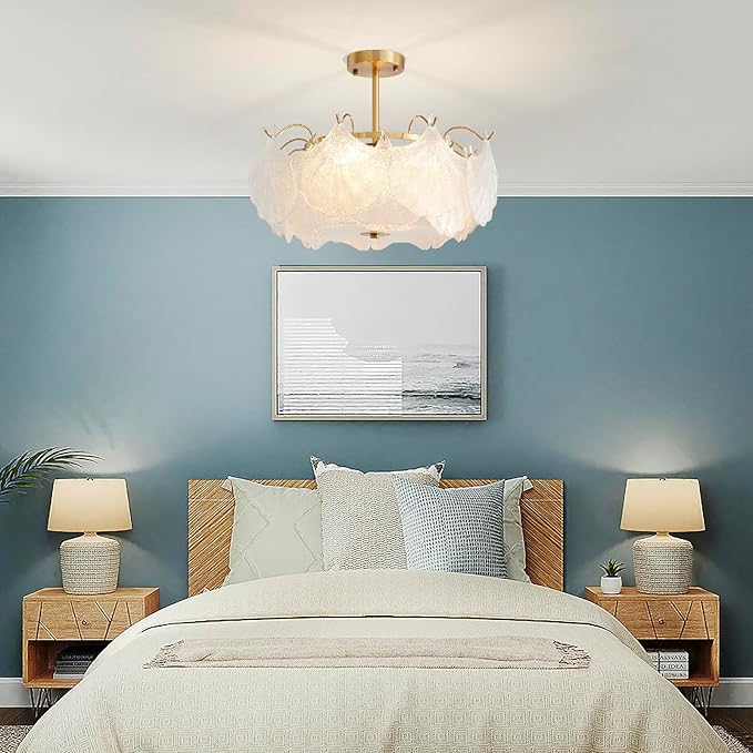 AGV LIGHTING Elegant Glass Chandelier Ceiling Light Fixture, Large Semi Flush Mount Ceiling Light, Gold Brass Finish with Frosted Glass Leaf Shades, Flush Ceiling Fixture for Bedroom, Dining Room