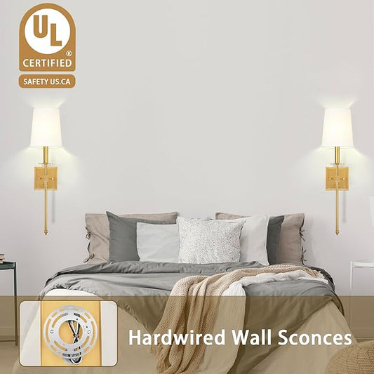 Untrammelife Gold Wall Sconces Set of Two, Farmhouse Sconces Wall Lighting with Dimmer ON/Off Switch, Industrial Hardwired Wall Lamps for Bedrooms, Living Room, Bathroom, Vanity (Bulbs Included)