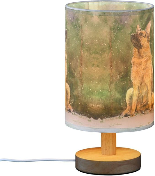 Table Lamp German Shepherd Dog Snowflake Nightstand Lamp with Wood Base Fabric Lamp Shade Bedside Desk Lamp for Living Room Bedroom Kids Room Office