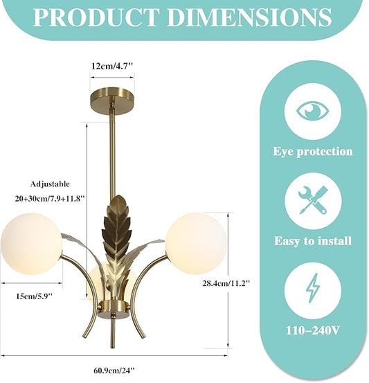 BOKT 3 White Globe Dining Room Light Fixtures Over Table Gold Brass Milk Glass Semi Flush Mount Ceiling Lights Mid Century Modern Sputnik Chandelier for Entryway Farmhouse Kitchen