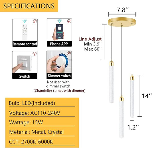 Pendant Lights Kitchen Island Mini Chandelier Gold Pendant Light Crystal Light fixtures Adjustable Hanging Ceiling Hanging Lights Bubble Mini Crystal Ceiling Light for Dining Room Bedroom 2700K 6000K