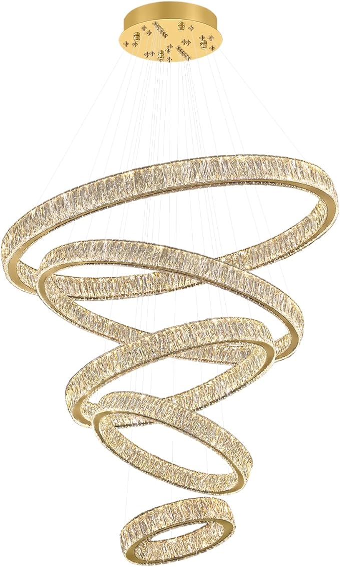 Modern 5 Ring Chandeliers for High Ceiling Foyer,Luxury Dimmable Crystal Ceiling Light Fixtures Staircase Entrance Villa Large Gold Chandelier D8''+15.7"+23.6"+31.5"+39.4"