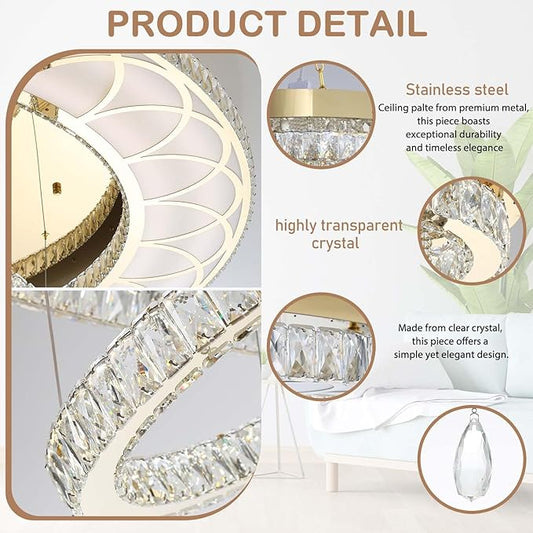 Flashing God 20" Modern Crystal Chandeliers for Living Room Gold Ceiling Chandelier LED Crystal Ceiling Light Flush Mount Chandelier for Bedroom Dining Room Entryway