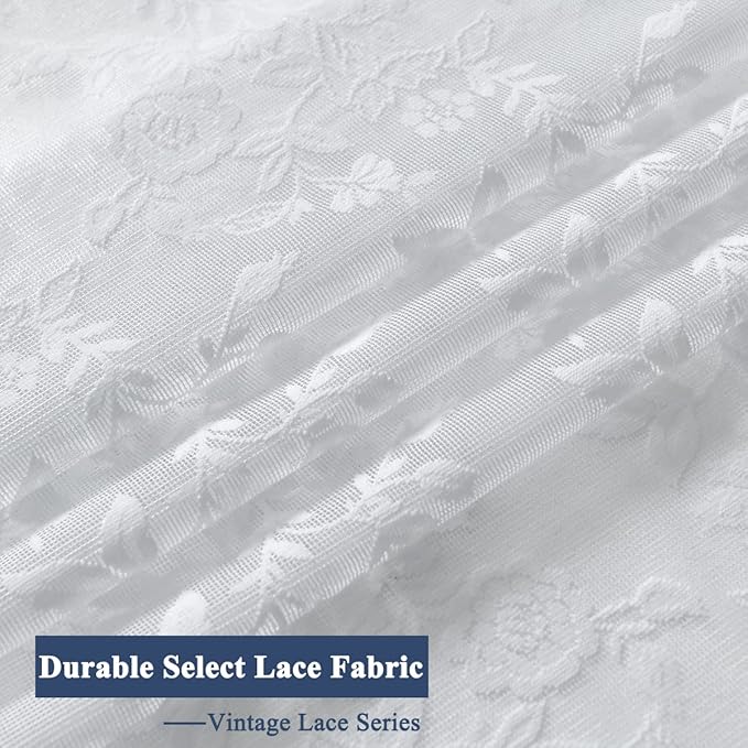 FINECITY White Lace Curtains 108 Inch Long, Vintage Country Floral Sheer Lace Curtains for Bedroom, Rod Pocket Privacy Scalloped Sheer Window Curtain, 52 x 108 Inch, 2 Panels, White