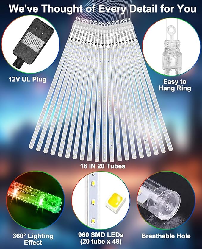 EAGWELL Christmas Lights Outdoor UL Certified Meteor Shower Light 16 Inch 20 Tubes 960 LED Falling Rain Drop Icicle Snow Cascading Lighting for Xmas Tree Wedding Party Garden Decoration, Colorful