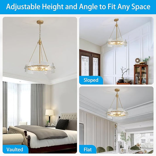 XINGQI 6-Light Modern Gold Glass Chandelier 19.7" Drum Light Fixture Round Water Ripple Pendant Lighting for Dining Room Living Room Kitchen Island Office