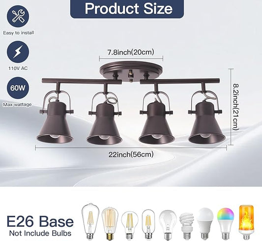 4-Light Brown Track Lighting Fixtures Ceiling, Directional Ceiling Spotlight with 4 Rotatable Heads, Modern Industrial Flush Mount Ceiling Light for Kitchen Island, Dining Room, Hallway