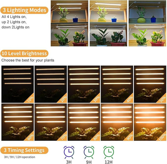 RWNTAO LED Plant Grow Lamp, 3500K Full Spectrum Growing Light Strips for Indoor Small Plants with 3/9/12H Timer & 10 Dimmable Levels, LED Growth Light for Green House Hydroponics Succulent 2 Pack