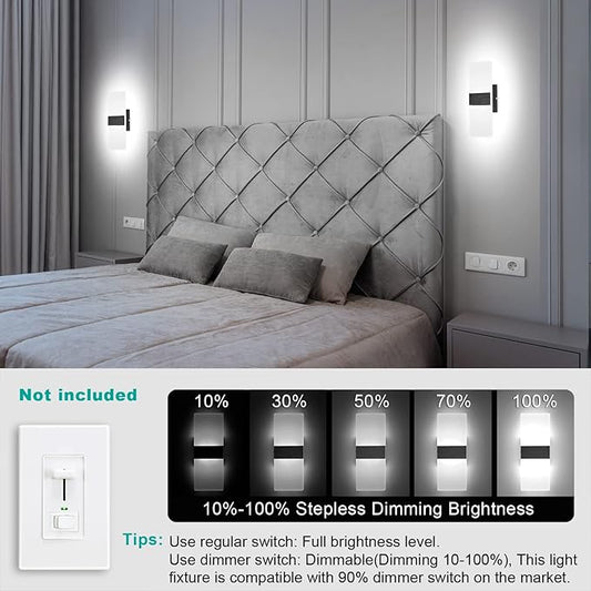 TRLIFE Dimmable Wall Sconces, Modern Wall Sconces Set of 2 Hardwired Wall Mounted Lights 12W 6000K Cool White LED Wall Sconce Lighting for Bedroom Bedside Living Room Bathroom Stairway(2 Pack, Black)