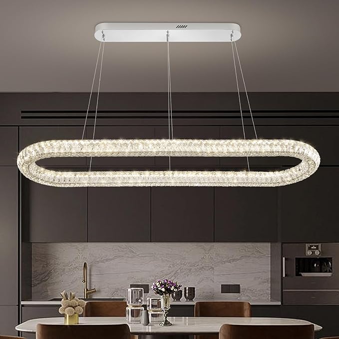 Large Led Ring Chandelier for Living Room 55in Oval Crystal Ring Pendant Light for Kitchen Island Modern Linear Oval Chandeliers Over Table Dimmable 3000K-6000K