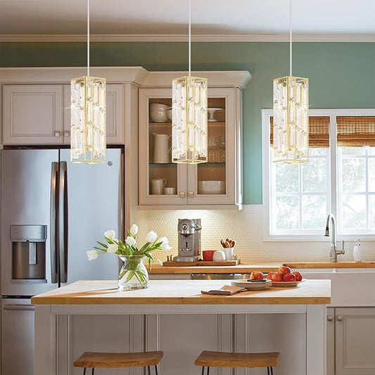 Brass Pendant Lights Modern Pendant Light Fixture, Mini Crystal Pendant Ceiling Light, Pendant Light for Kitchen Island, Dinning Room, Bedroom, Kitchen Sink Lighting (2-Pack)