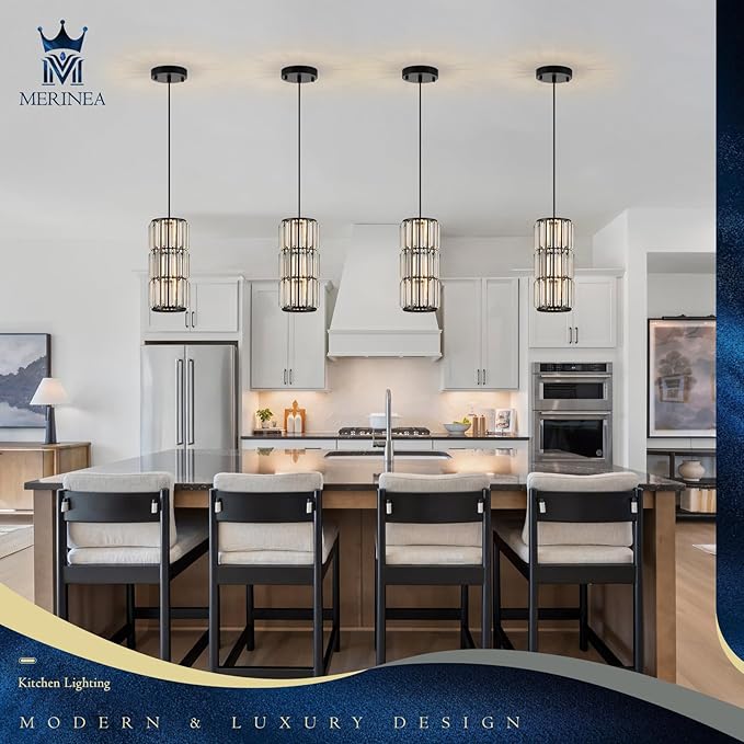 Black Crystal Pendant Light for Kitchen Island, Modern Mini Chandelier Hanging Light Fixture with K9 Crystals, Adjustable Luxury Pendant Lighting for Dining Room, Bedroom, Hallway, Bar