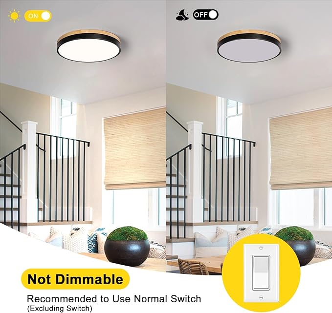 Modern Wood Black Flush Mount Ceiling Light, 11.81" Round LED Low Profile Close to Ceiling Fixture for Kitchen Bedroom Bathroom Laundry Hallway Entryway Closet Living Room