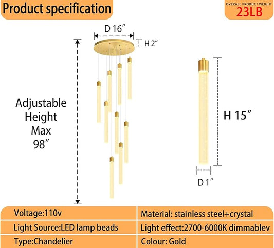 Modern 9-Lights Gold Crystal Column Chandeliers for Entrance Dimmable LED Pendant Lighting Hanging Lights for Dining Room Bedroom Foyer Staircase Living Room