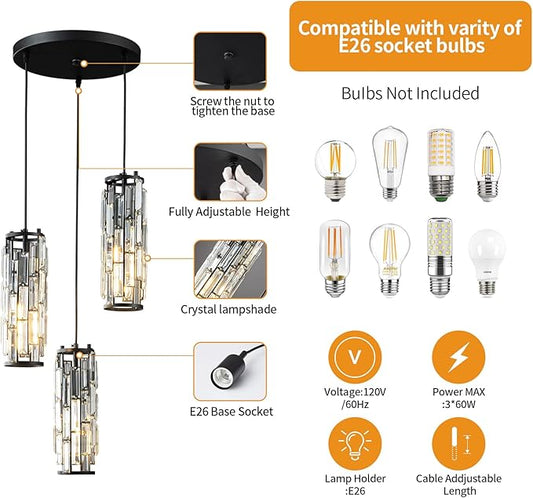 LMQNINE 3 Light Black Pendant Lighting Modern Pendant Light, Mini Crystal Chandeliers,Adjustable Pendant Light Fixture for Kitchen Island Dinning Room Bedroom (Black 3-Light)