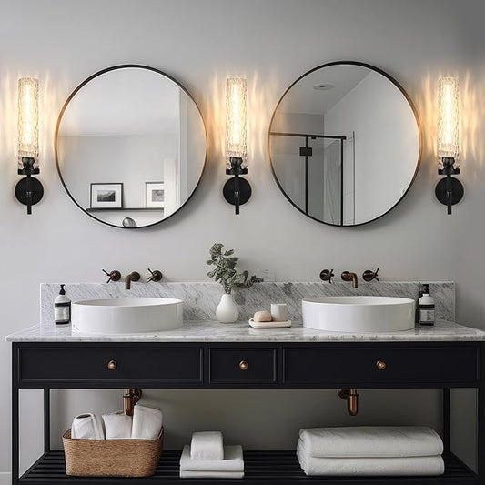 Brass Knurled Bathroom Sconces Set of 2, 19.5 Inch Black Vanity Light Fixtures with Water Ripple Glass Tube Modern Wall Lamp for Bathroom Mirror Bedroom Living Room Hallway