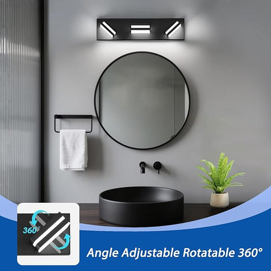 IZORRO LED Modern Bathroom Lights Fixtures(3-Light,Dimmable,360°Rotate),Matte Black Acrylic Wall Lighting,Vanity Lights for Bathroom Over Mirror - 6000k 16In (No Assembly Required)