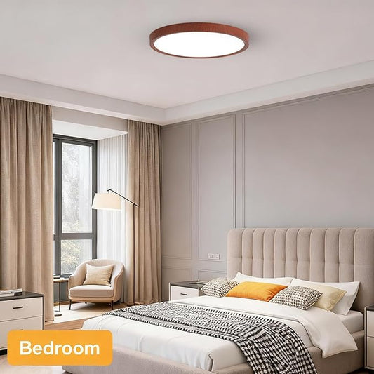 12 Inch LED Wood Grain Flush Mount Ceiling Light Fixture, Modern 22W Round Flat Overhead 3000K-4000K-6000K Selectable Ceiling lamp for Bedroom, Living Room, Kitchen, Entryway