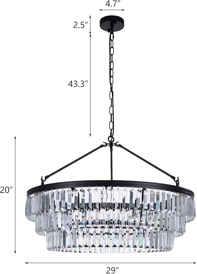 TOCHIC Farmhouse Crystal Chandelier, 29" Black Crystal Dining Living Room Chandelier Light Fixtures, Modern Foyer Chandelier Adjustable Round Hanging Chandeliers for Bedroom Kitchen Entryway Stairway