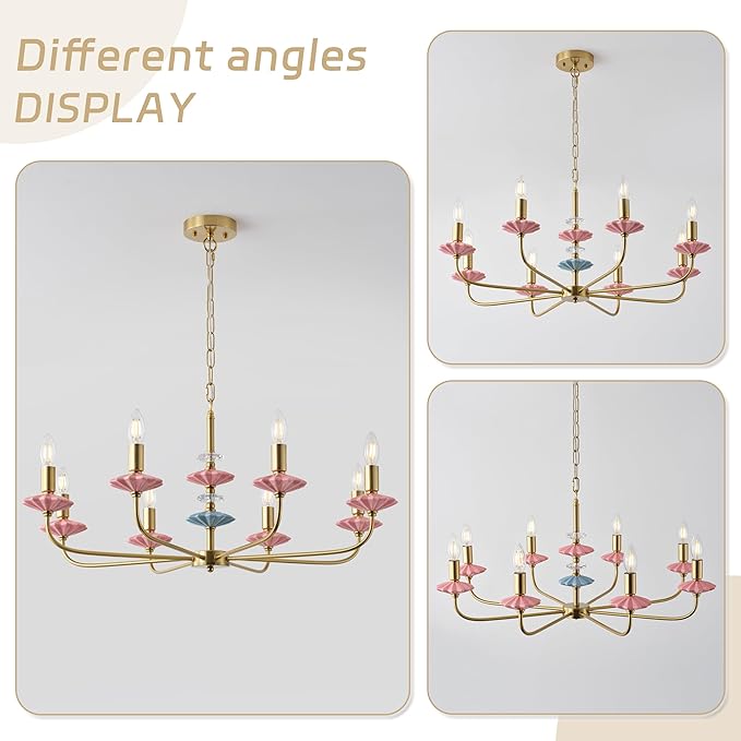 Pink Chandeliers for Dining Room Light Fixture Over Table,Brass Gold Art Deco Chandelier, Modern Vintage Chandelier with Ceramic,Farmhouse Chandelier for Girls Bedroom, Living Room, Foyer
