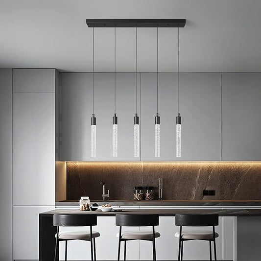 Kitchen Island Lighting Modern Light Fixture Black Pendant Light Dimmable LED Black Finish Mini Crystal Pendant Lights for Dining Room Living Room(5-Light)