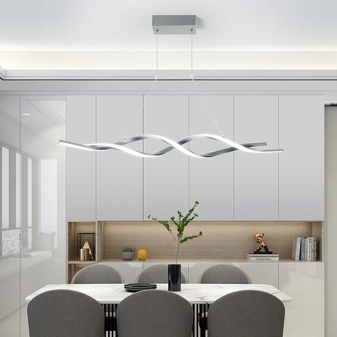 Jaycomey Gray Modern LED Pendant Light, Dimmable Wave Chandelier with Remote Control, Acrylic Hanging Lighting Fixture for Dining Room Kitchen Island, 3000-6000K 28W
