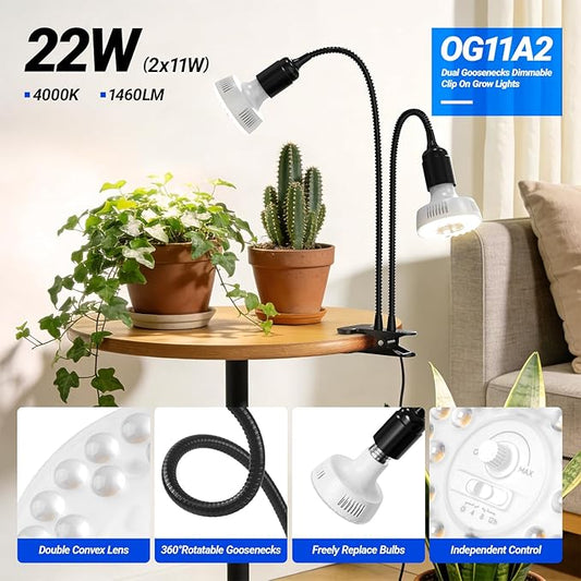 Barrina Orbgrow OG11A2 Clip On Grow Lights for Indoor Plants, Integrated Stepless Dimming & Timing, 4000K 22W(2 x 11W, 200 Watt Equiv), Full Spectrum 2-Gooseneck with E26 Plant Light Bulbs
