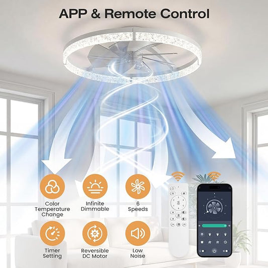 StarryEver Ceiling Fans with Lights and Remote, 24 Inch Modern Smart Ceiling Fan, 6 Speeds and 3000K-6500K Dimmable LED Fan Light, Low Profile Ceiling Fan for Bedroom, Living Room, Dining Room, White