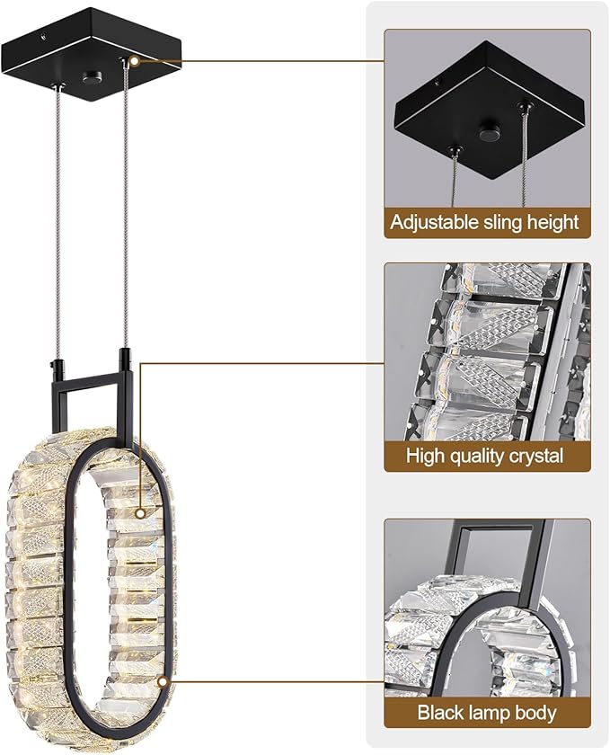 Kitchen Island Mini Light Fixture Modern Led Crystal Pendant Light Black Oval Chandelier for Dining Room Living Room Kitchen Bedroom Bar(1-Pack)