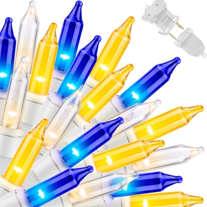 LAMPHOME Blue Yellow Clear Christmas String Lights, 150 Count 31.9FT Incandescent Mini Fairy Lights, UL Certified White Wire Hanukkah Lights for Indoor Outdoor Holiday, Xmas Tree, Hanukkah Patio Decor