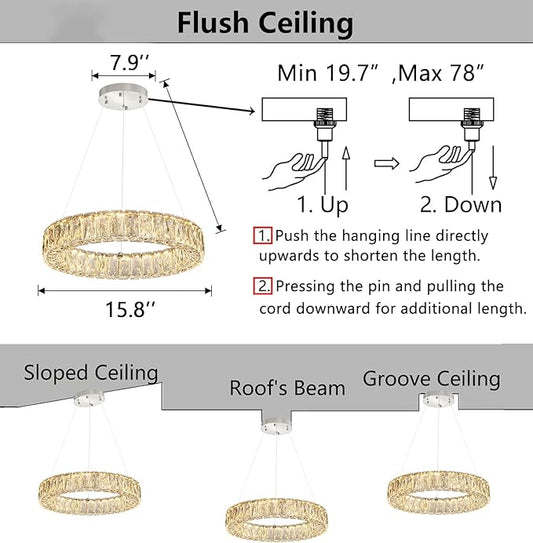 HAIXIANG Modern Crystal Chandelier Dimmable LED 16 Inch Ring Pendant Lights Adjustable Glam Chandeliers Lighting Fixtures for Dining Room Living Room Bedroom Silver Light