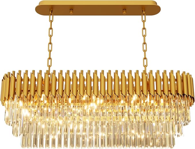 10-Light Modern Gold Crystal Chandelier, Luxury Rectangular Crystal Chandeliers for Dining Room, Kitchen Island, Living Room, Farmhouse Chandelier Lighting